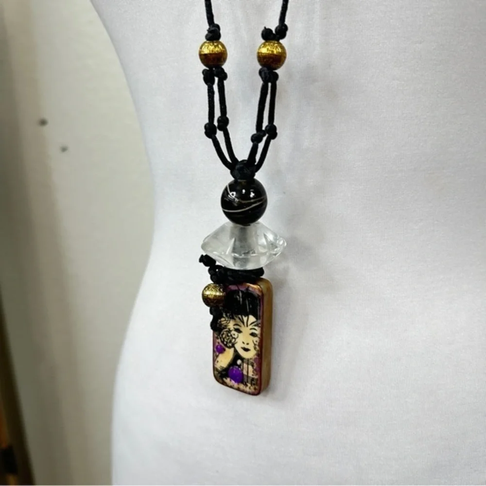 Upcycled Asian Japanese Domino Black Gold Artisan Resin Beaded Necklace